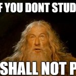 You will fail... | IF YOU DONT STUDY; YOU SHALL NOT PASS! | image tagged in gandalf you shall not pass | made w/ Imgflip meme maker