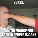 Face punch | SORRY, MY TOLERANCE FOR STUPID PEOPLE IS GONE | image tagged in face punch | made w/ Imgflip meme maker