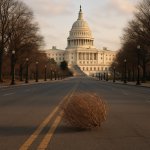 Picture of capitol building with empty street with tumbleweed