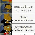water | bottle of water; container of water; plastic container of water; polymer based container of water; high polymer capsule of 2 hydrogen and 1 oxygen in liquid form | image tagged in whinnie the pooh fancy 5,water,fancy pooh,memes | made w/ Imgflip meme maker