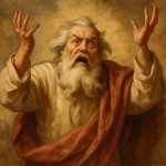 God with his arms raised in frustration as if he's been "foiled