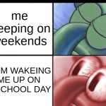 Squidward sleeping | me sleeping on weekends; MOM WAKEING ME UP ON A SCHOOL DAY | image tagged in squidward sleeping | made w/ Imgflip meme maker
