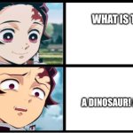 Dino | WHAT IS THAT? A DINOSAUR! AHHHH | image tagged in tanjiro approval | made w/ Imgflip meme maker
