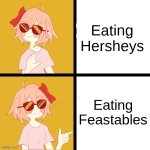 chocolate | Eating Hersheys; Eating Feastables | image tagged in mr beast | made w/ Imgflip meme maker