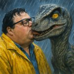 Dennis Nedry Kissing a Velociraptor meme