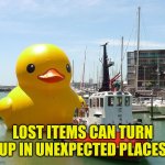 Lost items can turn up in unexpected places | LOST ITEMS CAN TURN UP IN UNEXPECTED PLACES | image tagged in duck,lost | made w/ Imgflip meme maker