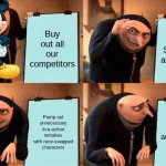 Gru's Plan Meme | Buy out all our competitors; Ruin Star Wars and Marvel; Pump out unnecessary live-action remakes with race-swapped characters; Blame our audiences for our failure | image tagged in memes,gru's plan | made w/ Imgflip meme maker