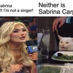 Cat roasts Tiffany and Sabrina | I am not Sabrina Carpenter!! I’m not a singer! Neither is Sabrina Carpenter | image tagged in memes,woman yelling at cat | made w/ Imgflip meme maker