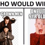 you'll be suprised | 2 FULLY GROWN MEN; ONE LITTLE 9YR OLD BOI | image tagged in memes,who would win | made w/ Imgflip meme maker