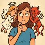 a woman visibly thinking with an angel over one shoulder and a d