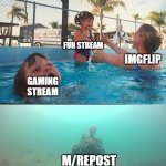 repost stream is dead | FUN STREAM; IMGFLIP; GAMING STREAM; M/REPOST | image tagged in mother ignoring kid drowning in a pool,repost stream,streams,fun stream | made w/ Imgflip meme maker
