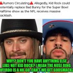 Funny | WHY? DON'T YOU HAVE ANYTHING ELSE LIKE, NOT KID ROCK? I MEAN THE NOSE RING WEIRDO IS A NO-GO. CAN'T WE GET GODSMACK? | image tagged in funny,weirdo,kid rock,bad idea,bunny,superbowl | made w/ Imgflip meme maker
