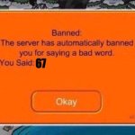 The server has automatically banned you for saying a bad word | 67 | image tagged in the server has automatically banned you for saying a bad word | made w/ Imgflip meme maker