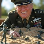 General Donald Trump playing sandbox toy army soldier