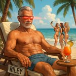 Older fit tanned man on a beach lounge at the beach wearing half