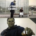 6 7 is not funny | 5 YEAR OLD CHILD; ME; 6 7 | image tagged in hulk taco | made w/ Imgflip meme maker