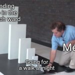 This is a true story unfortunately | Ending up in the psych ward; Me; Going for a walk at night | image tagged in domino effect,psych,walk,psych ward,night,dominos | made w/ Imgflip meme maker
