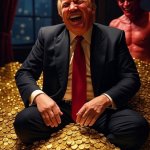 Donald Trump Satan laughing pile of gold