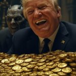 Donald Trump Satan laughing pile of gold