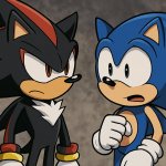 Sonic staring at disbelief at shadow