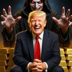 Donald Trump Satan laughing pile of gold