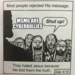 They hated jesus because he told them the truth | MSMG ARE CYBERBULLIES | image tagged in they hated jesus because he told them the truth,cyberbullying | made w/ Imgflip meme maker