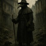 a plague doctor standing in the streets of Europe surrounded by