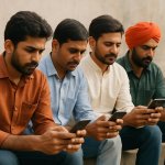 Few Indian men sitting together typing on their phone