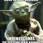 Star Wars Yoda Meme | HOW WISE I BECOME; WHEN IT COMES TO TELLING BAD ADVICE | image tagged in memes,star wars yoda | made w/ Imgflip meme maker