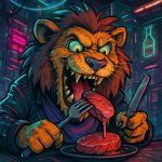 Hungry lion eating, with a napkin around its neck and a knife an