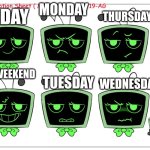 The week be like | MONDAY; FRIDAY; THURSDAY; THE WEEKEND; WEDNESDAY; TUESDAY | image tagged in vee's emotion sheet,dandy's world,emotion sheet,weekend | made w/ Imgflip meme maker