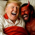 Donald Trump laughing in bed with Satan