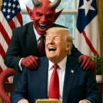 Donald Trump Satan laughing pile of gold