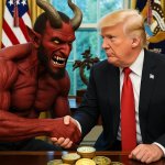 Donald Trump Satan laughing pile of gold shaking hands