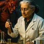 Woman Chemist with Satan looking over her