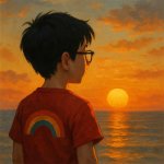 A boy with black hair and glasses, wearing a red shirt with a ra