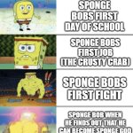 Pov Sponge Bob Evalution | SPONGE BOB IN HIS MUM'S BELLY; SPONGE BOBS FIRST DAY OF SCHOOL; SPONGE BOBS FIRST JOB (THE CRUSTY CRAB); SPONGE BOBS FIRST FIGHT; SPONGE BOB WHEN HE FINDS OUT THAT HE CAN BECOME SPONGE GOD; SPONGE BOB BECOMES THE GOD FIGHTER | image tagged in pov sponge bob evalution | made w/ Imgflip meme maker