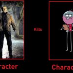 Jason Voorhees Kills Benson Dunwoody | image tagged in character kills character,friday the 13th,regular show,jason voorhees,benson,killing | made w/ Imgflip meme maker