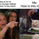 oldest sibling | My mom yelling at me for something my younger siblings did just because I'm the oldest; Me 
How is this my fault | image tagged in memes,woman yelling at cat | made w/ Imgflip meme maker