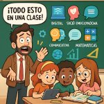 Un docente frente a un pizarrón lleno de iconos de distintas com