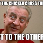 Why did the Chicken | WHY DID THE CHICKEN CROSS THE ROAD? TO GET TO THE OTHER SIDE | image tagged in rodney dangerfield,funny memes | made w/ Imgflip meme maker