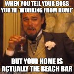 Laughing Leo Meme | WHEN YOU TELL YOUR BOSS YOU’RE ‘WORKING FROM HOME’; BUT YOUR HOME IS ACTUALLY THE BEACH BAR | image tagged in memes,laughing leo | made w/ Imgflip meme maker