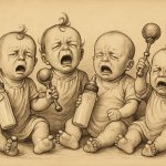 Babies with bottles and rattles crying