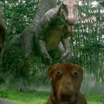 Dinosaur behind dog