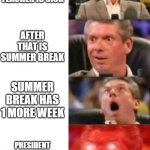 Summer break | WHEN TEACHER IS SICK; AFTER THAT IS SUMMER BREAK; SUMMER BREAK HAS 1 MORE WEEK; PRESIDENT MADE SUMMER BREAK LAST A YEAR | image tagged in mr mcmahon reaction | made w/ Imgflip meme maker