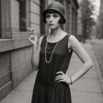 A black-and-white photograph of a flapper standing on a sidewalk