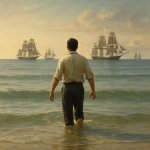 a man wadding into the calm ocean, a line of sail merchant ships