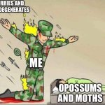 I do wish Opossums and Moths were more Popular But NOT IN THE FURRY FANDOM aka the Worst Fandom | FURRIES AND THE DEGENERATES; ME; OPOSSUMS AND MOTHS | image tagged in soldier protecting sleeping child,opossums,moth,furry,sad,underrated animals | made w/ Imgflip meme maker