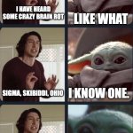 Kylo Ren and Baby Yoda | LIKE WHAT; I HAVE HEARD SOME CRAZY BRAIN ROT; I KNOW ONE. SIGMA, SKIBIDDI, OHIO; 6 7!!! WHAT IS IT? | image tagged in kylo ren and baby yoda | made w/ Imgflip meme maker