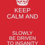 *eye twitch* | KEEP CALM AND; SLOWLY BE DRIVEN TO INSANITY | image tagged in memes,keep calm and carry on red,insanity | made w/ Imgflip meme maker